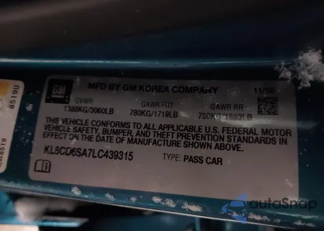 2020 Chevrolet Spark Fwd 1Lt Automatic z USA, uszkodzony, nr VIN KL8CD6SA7LC439315